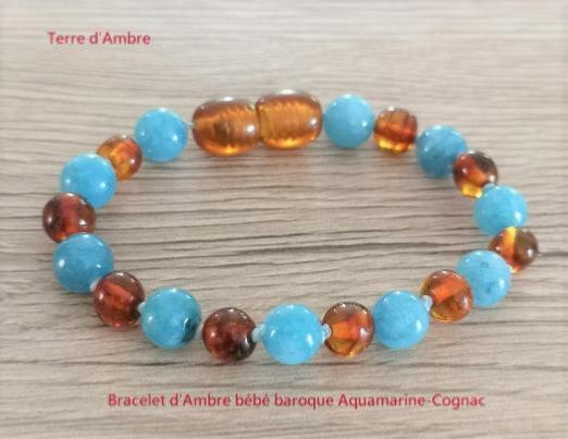 Bracelet d'ambre bébé baroque Aquamarine-cognac