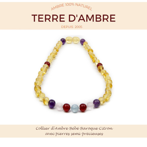 Collier d'Ambre bébé baroque Citron avec pierres semi-précieuses